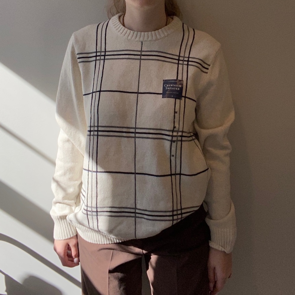Cream sweater with black and gray stripes, size medium